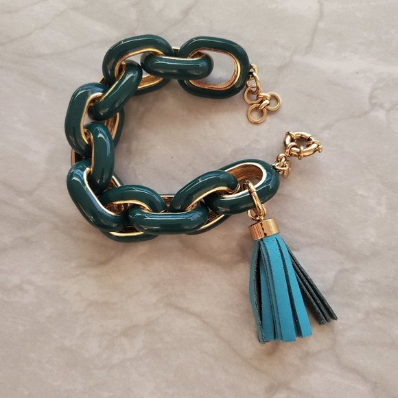 🦜 J.Crew Dark Jungle Green Enamel Jumbo Link Leather Tassel Bracelet 🦜 - Picture 1 of 5